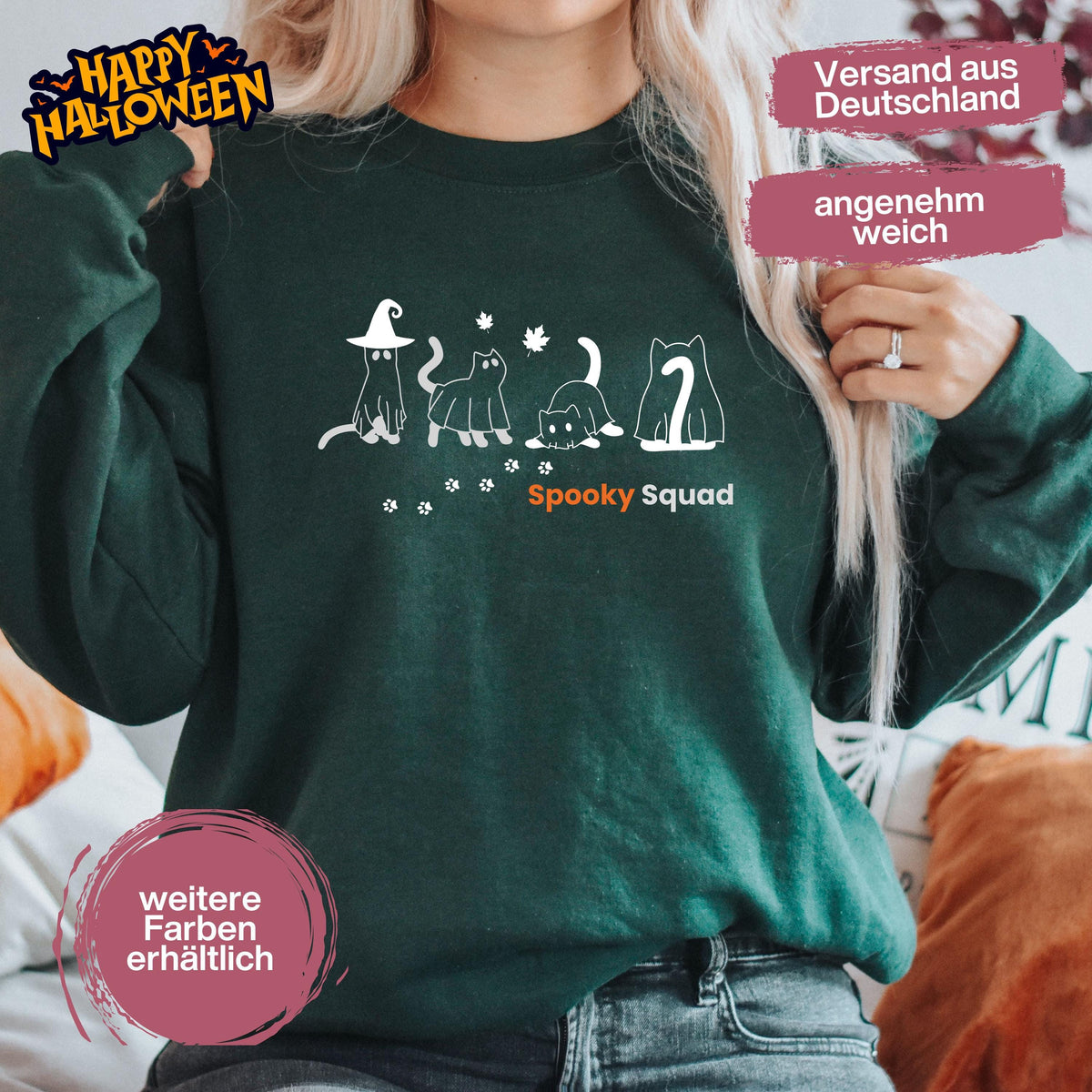 Hochwertiges Halloween Outfit für Damen und Herren – gemütlicher Halloween Pullover und Halloween Sweatshirt, ideal als Halloween Outfit Damen, Halloween Outfit Herren oder Halloween Outfit Frauen. Angesagte Halloween Sweaters und Halloween Pullis für Herbst und Party. Sweatshirts Halloween in verschiedenen Farben, auch als Kürbis Pullover Damen erhältlich. Bequemes Halloween Sweatshirt Damen und Herren – perfektes Halloween Outfit Männer. Halloween Katzen Pullover Spooky Squad Katzenliebhaber
