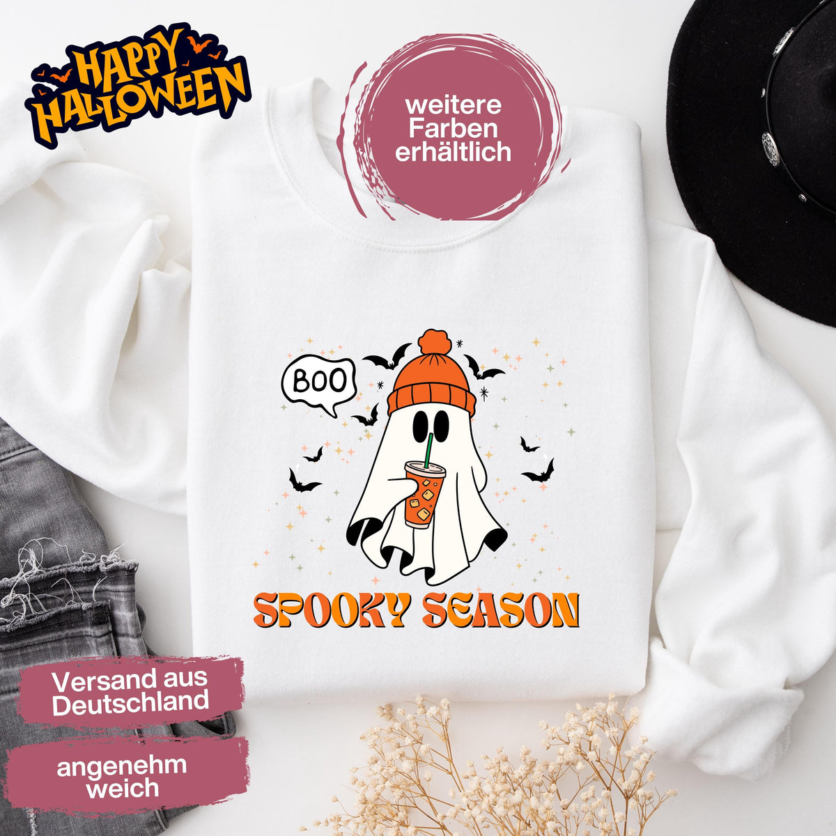 Hochwertiges Halloween Outfit für Damen und Herren – gemütlicher Halloween Pullover und Halloween Sweatshirt, ideal als Halloween Outfit Damen, Halloween Outfit Herren oder Halloween Outfit Frauen. Angesagte Halloween Sweaters und Halloween Pullis für Herbst und Party. Sweatshirts Halloween in verschiedenen Farben, auch als Kürbis Pullover Damen erhältlich. Bequemes Halloween Sweatshirt Damen und Herren – perfektes Halloween Outfit Männer. Halloween Pullover Geist Spooky Season
