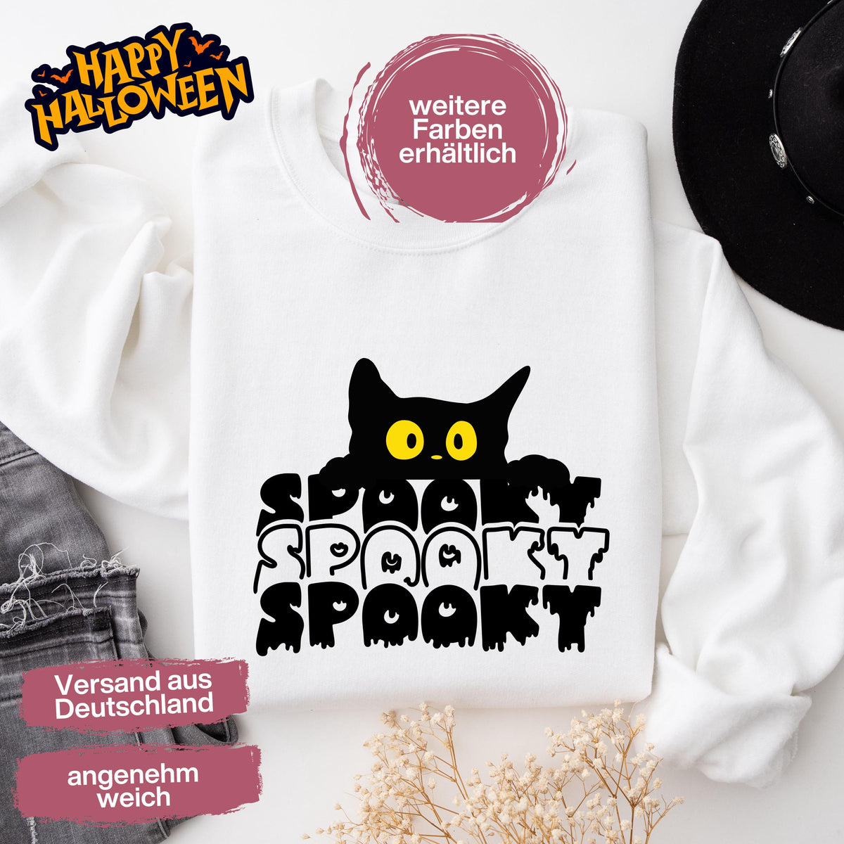 Hochwertiges Halloween Outfit für Damen und Herren – gemütlicher Halloween Pullover und Halloween Sweatshirt, ideal als Halloween Outfit Damen, Halloween Outfit Herren oder Halloween Outfit Frauen. Angesagte Halloween Sweaters und Halloween Pullis für Herbst und Party. Sweatshirts Halloween in verschiedenen Farben, auch als Kürbis Pullover Damen erhältlich. Bequemes Halloween Sweatshirt Damen und Herren – perfektes Halloween Outfit Männer. Halloween Pullover Katze Spooky Katzenliebhaber