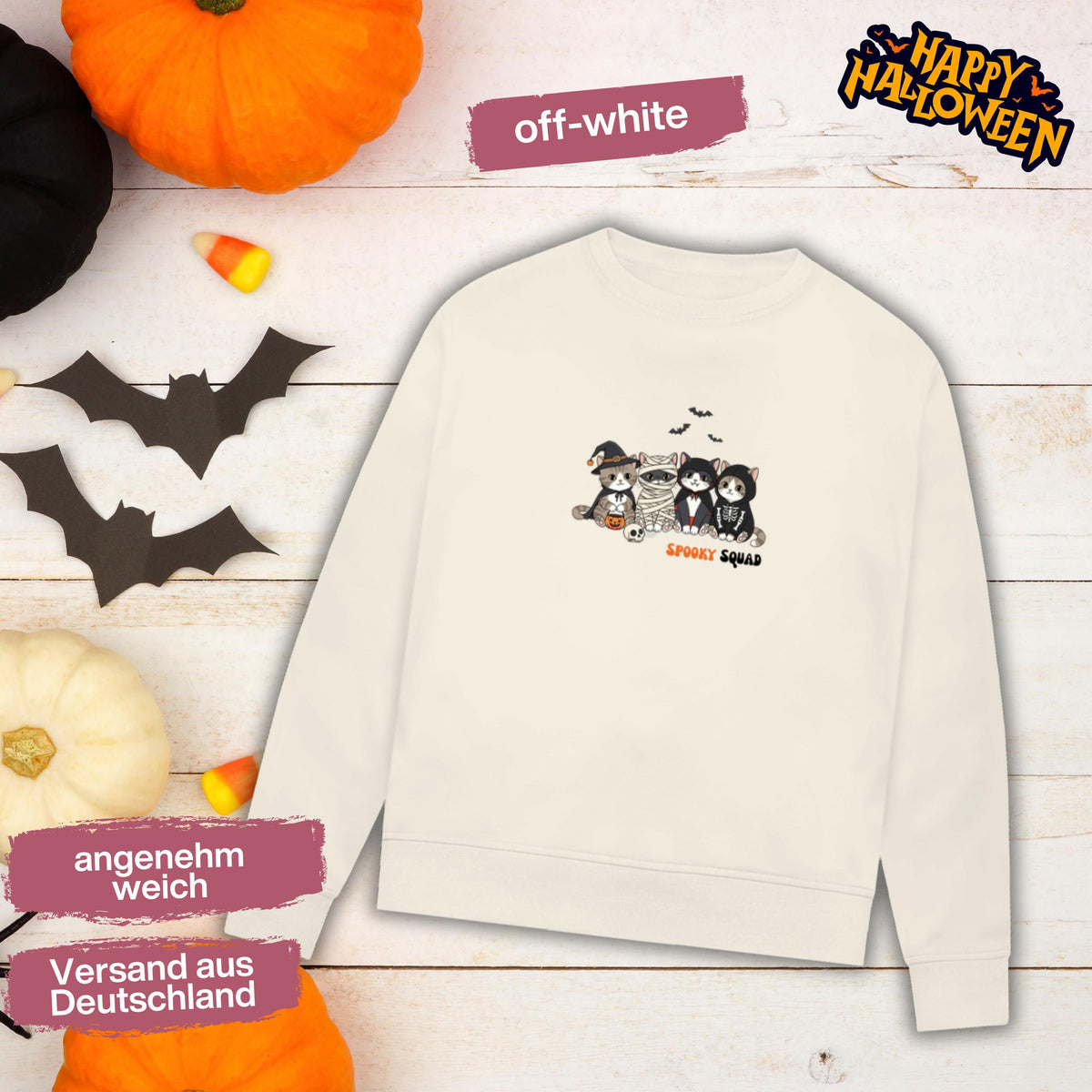 Hochwertiges Halloween Outfit für Damen und Herren – gemütlicher Halloween Pullover und Halloween Sweatshirt, ideal als Halloween Outfit Damen, Halloween Outfit Herren oder Halloween Outfit Frauen. Angesagte Halloween Sweaters und Halloween Pullis für Herbst und Party. Sweatshirts Halloween in verschiedenen Farben, auch als Kürbis Pullover Damen erhältlich. Bequemes Halloween Sweatshirt Damen und Herren – perfektes Halloween Outfit Männer. Halloween Pullover Katze Spooky Squad Katzenliebhaber
