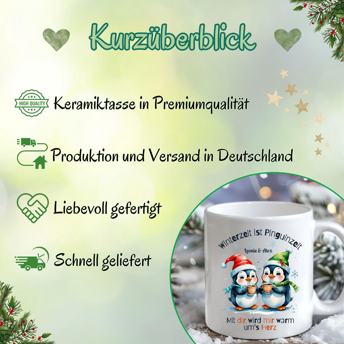 Personalisierte Weihnachtstasse für Paare mit Namen, ideal als liebevolles Weihnachtsgeschenk für Freund, Freundin oder Ehepartner. Hochwertige Keramiktasse mit festlichem Design und langlebigem Druck – perfekt für gemütliche Winterabende zu zweit. Diese Partner-Tasse ist ein besonderes Geschenk unter dem Weihnachtsbaum oder als kleines Wichtelgeschenk mit persönlicher Note. Ein romantisches Weihnachtsgeschenk, das jeden Morgen an die gemeinsame Zeit erinnert.