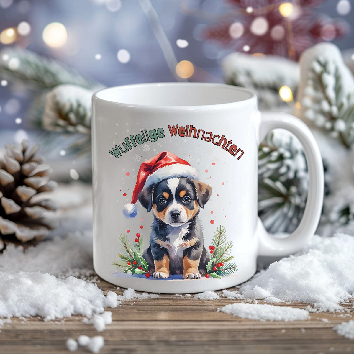 Lustige Weihnachtstasse mit Hundemotiv: Süßer Welpe mit Weihnachtsmütze und Mistelzweigen vor winterlichem Hintergrund. Die Aufschrift „Wuffelige Weihnachten“ macht die Tasse zum idealen Weihnachtsgeschenk für Hundeliebhaber. Perfekt als Wichtelgeschenk Idee, kleines Geschenk Weihnachten oder Glühweintasse. Diese hochwertige Tasse Weihnachten eignet sich wunderbar als Weihnachtsgeschenk Freundin, Geschenk für Mama oder Kollegin Geschenk. Ein liebevoller Hingucker für gemütliche Adventsmomente.