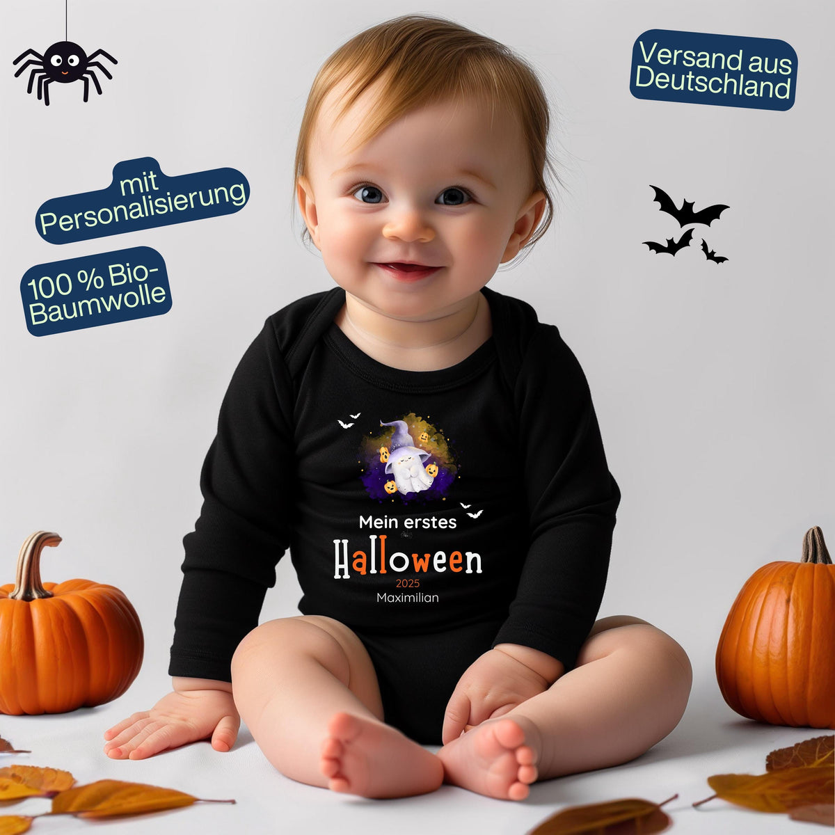 Mein erstes Halloween Body Langarm Baby | Halloween Geschenkidee | Babybody personalisiert mit Namen | Halloween Outfit Junge Mädchen
