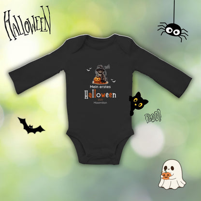 Mein erstes Halloween Babybody aus 100 % Bio-Baumwolle, erhältlich in Schwarz und Weiß, nachhaltig und hautfreundlich. Halloween Outfit für Babys bis 18 Monate, ideal als Baby Strampler für Jungen und Mädchen, perfekt für Babyfotos, Familienfotos und die erste Halloween Party. Bio Baby Body mit süßem Geist und Kürbis Motiv, weiche Baby Kleidung für Herbst und Halloween 2025, originelle Geschenkidee für Babys erstes Halloween, auch als Geschenk zur Geburt oder Babyparty geeignet.