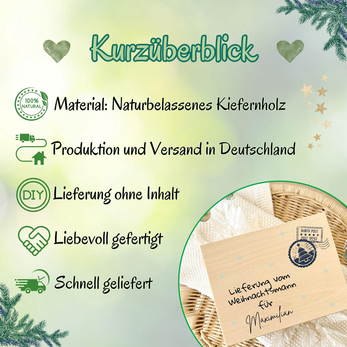 Personalisierte Lieferung-vom-Weihnachtsmann-Holzkiste aus hochwertigem Holz, ideal als Geschenkbox Weihnachten oder Adventskiste mit Namen. Perfekt zum Befüllen für Kinder, Eltern oder Freunde. Diese Weihnachtskiste mit Gravur „Lieferung vom Weihnachtsmann“ ist eine besondere Idee, um Geschenke stilvoll zu verpacken. Nachhaltige Holzkiste Weihnachten mit nostalgischem Design – ideal für Weihnachtsüberraschungen, Geschenke unter dem Baum oder als Dekoration in der Adventszeit.
