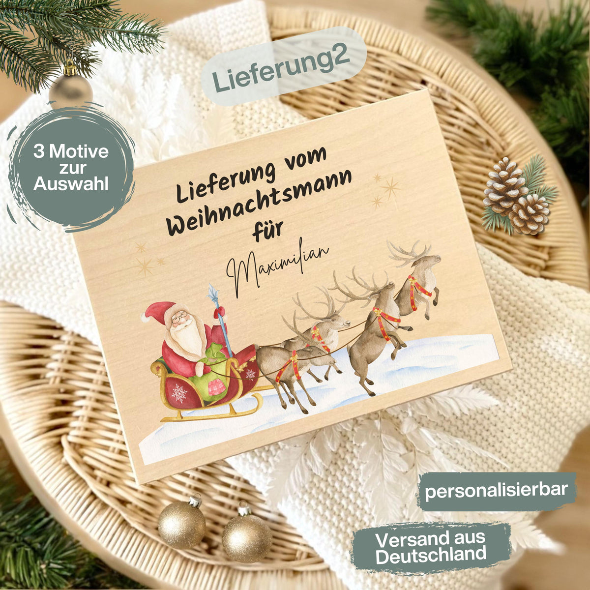 Lieferung vom Weihnachtsmann – Weihnachtskiste Holz personalisiert mit Namen, ideal als Geschenkverpackung Weihnachten oder Adventskiste. Diese dekorative Holzkiste sorgt für leuchtende Augen bei Groß und Klein. Nachhaltig, langlebig und liebevoll gestaltet – perfekt für Weihnachtsgeschenke, Wichtelüberraschungen oder persönliche Botschaften vom Weihnachtsmann. Edles Design mit Gravur und rustikalem Charme, passend zu jeder Weihnachtsdekoration. Adventskiste Geschenkbox Weihnachten Adventskiste