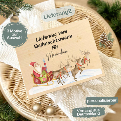 Lieferung vom Weihnachtsmann – Weihnachtskiste Holz personalisiert mit Namen, ideal als Geschenkverpackung Weihnachten oder Adventskiste. Diese dekorative Holzkiste sorgt für leuchtende Augen bei Groß und Klein. Nachhaltig, langlebig und liebevoll gestaltet – perfekt für Weihnachtsgeschenke, Wichtelüberraschungen oder persönliche Botschaften vom Weihnachtsmann. Edles Design mit Gravur und rustikalem Charme, passend zu jeder Weihnachtsdekoration. Adventskiste Geschenkbox Weihnachten Adventskiste