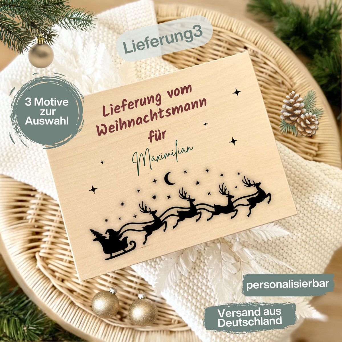 Lieferung vom Weihnachtsmann – Weihnachtskiste Holz personalisiert mit Namen, ideal als Geschenkverpackung Weihnachten oder Adventskiste. Diese dekorative Holzkiste sorgt für leuchtende Augen bei Groß und Klein. Nachhaltig, langlebig und liebevoll gestaltet – perfekt für Weihnachtsgeschenke, Wichtelüberraschungen oder persönliche Botschaften vom Weihnachtsmann. Edles Design mit Gravur und rustikalem Charme, passend zu jeder Weihnachtsdekoration. Adventskiste Geschenkbox Weihnachten Adventskiste