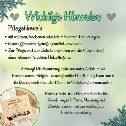 Lieferung vom Weihnachtsmann – Weihnachtskiste Holz personalisiert mit Namen, ideal als Geschenkverpackung Weihnachten oder Adventskiste. Diese dekorative Holzkiste sorgt für leuchtende Augen bei Groß und Klein. Nachhaltig, langlebig und liebevoll gestaltet – perfekt für Weihnachtsgeschenke, Wichtelüberraschungen oder persönliche Botschaften vom Weihnachtsmann. Edles Design mit Gravur und rustikalem Charme, passend zu jeder Weihnachtsdekoration. Adventskiste Geschenkbox Weihnachten Adventskiste