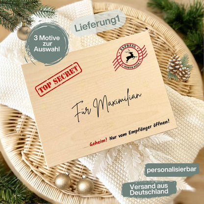Weihnachtspost vom Nordpol – personalisierte Holzkiste mit Namen als originelle Geschenkbox Weihnachten. Diese Holz Adventskiste bietet Platz für Geschenke, Süßigkeiten oder kleine Überraschungen. Ein besonderes Weihnachtsgeschenk für Kinder oder Erwachsene, liebevoll graviert und nachhaltig gefertigt. Perfekt für alle, die eine hochwertige Weihnachtsbox aus Holz mit Namen suchen, um ihre Geschenke kreativ und festlich zu präsentieren. Weihnachtsbox Geschenkbox Adventskiste ohne Inhalt