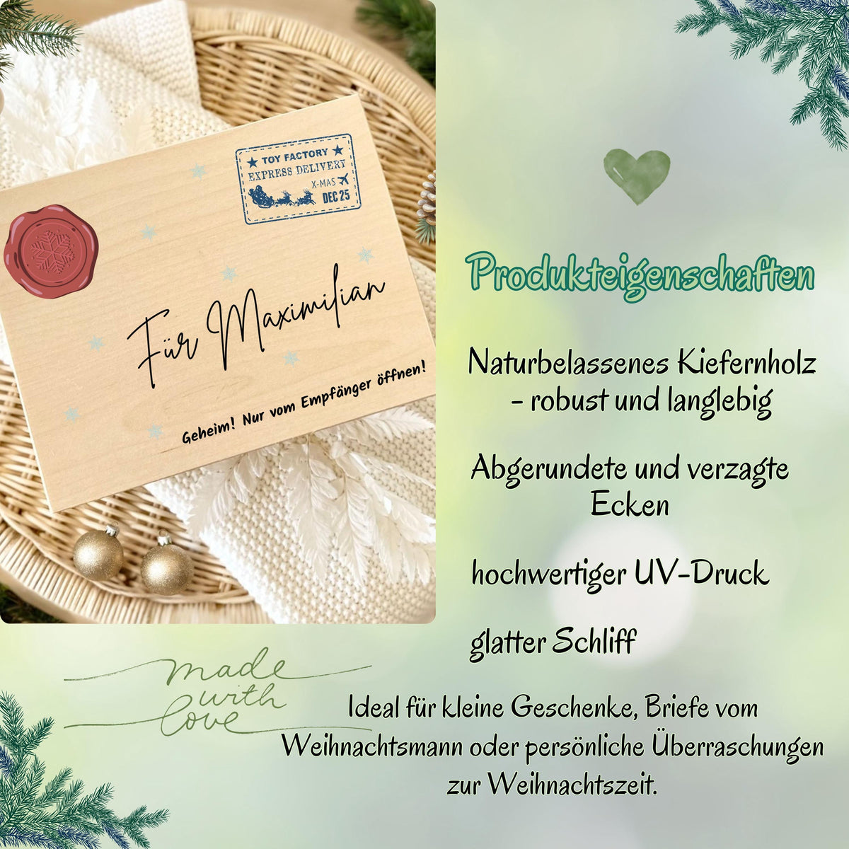 Weihnachtspost vom Nordpol – personalisierte Holzkiste mit Namen als originelle Geschenkbox Weihnachten. Diese Holz Adventskiste bietet Platz für Geschenke, Süßigkeiten oder kleine Überraschungen. Ein besonderes Weihnachtsgeschenk für Kinder oder Erwachsene, liebevoll graviert und nachhaltig gefertigt. Perfekt für alle, die eine hochwertige Weihnachtsbox aus Holz mit Namen suchen, um ihre Geschenke kreativ und festlich zu präsentieren. Weihnachtsbox Geschenkbox Adventskiste ohne Inhalt