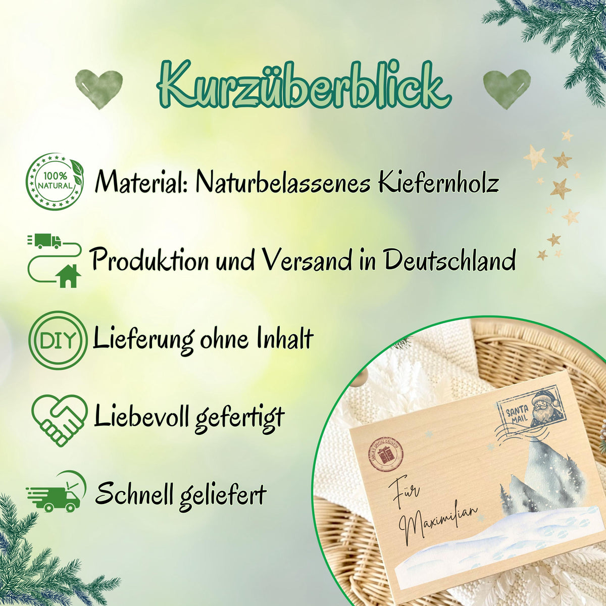 Weihnachtspost vom Nordpol – personalisierte Holzkiste mit Namen als originelle Geschenkbox Weihnachten. Diese Holz Adventskiste bietet Platz für Geschenke, Süßigkeiten oder kleine Überraschungen. Ein besonderes Weihnachtsgeschenk für Kinder oder Erwachsene, liebevoll graviert und nachhaltig gefertigt. Perfekt für alle, die eine hochwertige Weihnachtsbox aus Holz mit Namen suchen, um ihre Geschenke kreativ und festlich zu präsentieren. Weihnachtsbox Geschenkbox Adventskiste ohne Inhalt