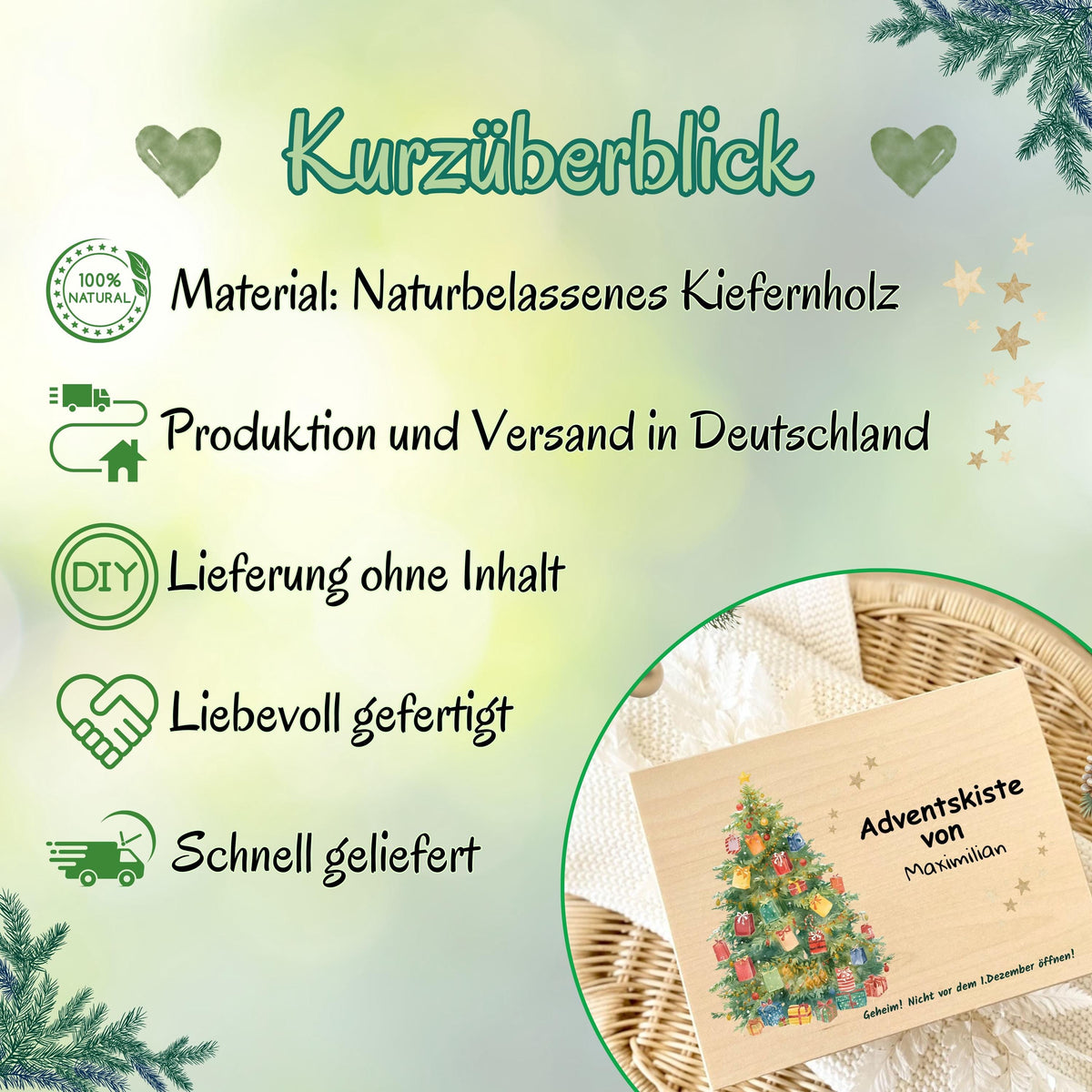 Personalisierte Adventskiste aus Holz mit Namen – hochwertige Holzkiste Weihnachten zum Befüllen mit 24 kleinen Geschenken, Süßigkeiten oder Botschaften. Diese Adventskalender-Holzbox ist ohne Inhalt und perfekt als DIY Adventskalender, Geschenkverpackung oder Weihnachtskiste. Ideal als nachhaltige Geschenkidee Weihnachten für Familie, Kinder oder Freunde. Liebevoll gestaltet, wiederverwendbar und dekorativ – ein besonderes Highlight für die Adventszeit.