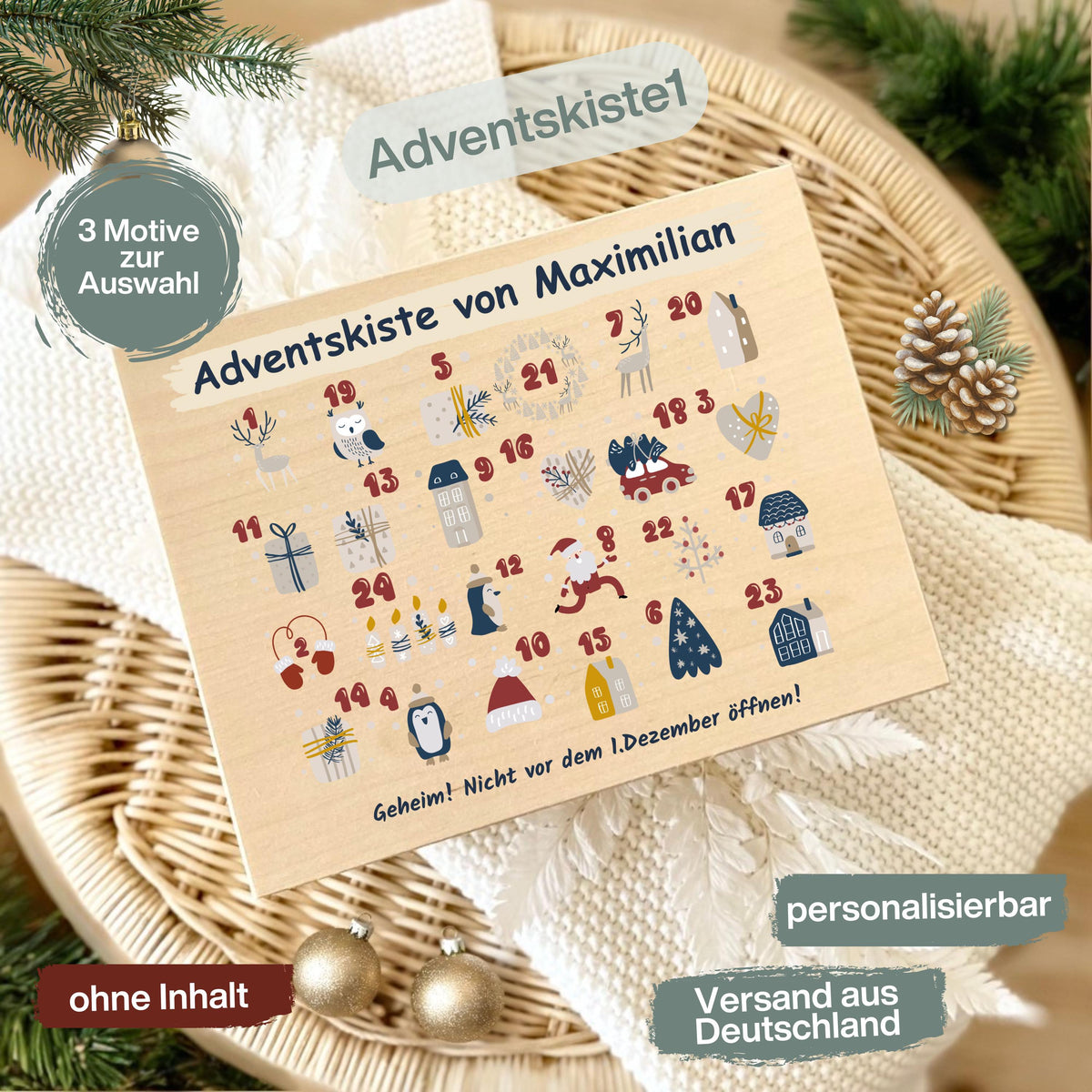 Personalisierte Adventskiste aus Holz mit Namen – hochwertige Holzkiste Weihnachten zum Befüllen mit 24 kleinen Geschenken, Süßigkeiten oder Botschaften. Diese Adventskalender-Holzbox ist ohne Inhalt und perfekt als DIY Adventskalender, Geschenkverpackung oder Weihnachtskiste. Ideal als nachhaltige Geschenkidee Weihnachten für Familie, Kinder oder Freunde. Liebevoll gestaltet, wiederverwendbar und dekorativ – ein besonderes Highlight für die Adventszeit.