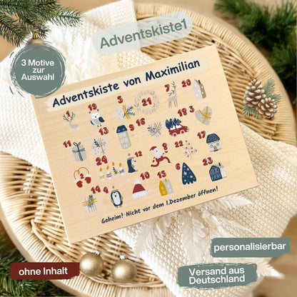 Personalisierte Adventskiste aus Holz mit Namen – hochwertige Holzkiste Weihnachten zum Befüllen mit 24 kleinen Geschenken, Süßigkeiten oder Botschaften. Diese Adventskalender-Holzbox ist ohne Inhalt und perfekt als DIY Adventskalender, Geschenkverpackung oder Weihnachtskiste. Ideal als nachhaltige Geschenkidee Weihnachten für Familie, Kinder oder Freunde. Liebevoll gestaltet, wiederverwendbar und dekorativ – ein besonderes Highlight für die Adventszeit.