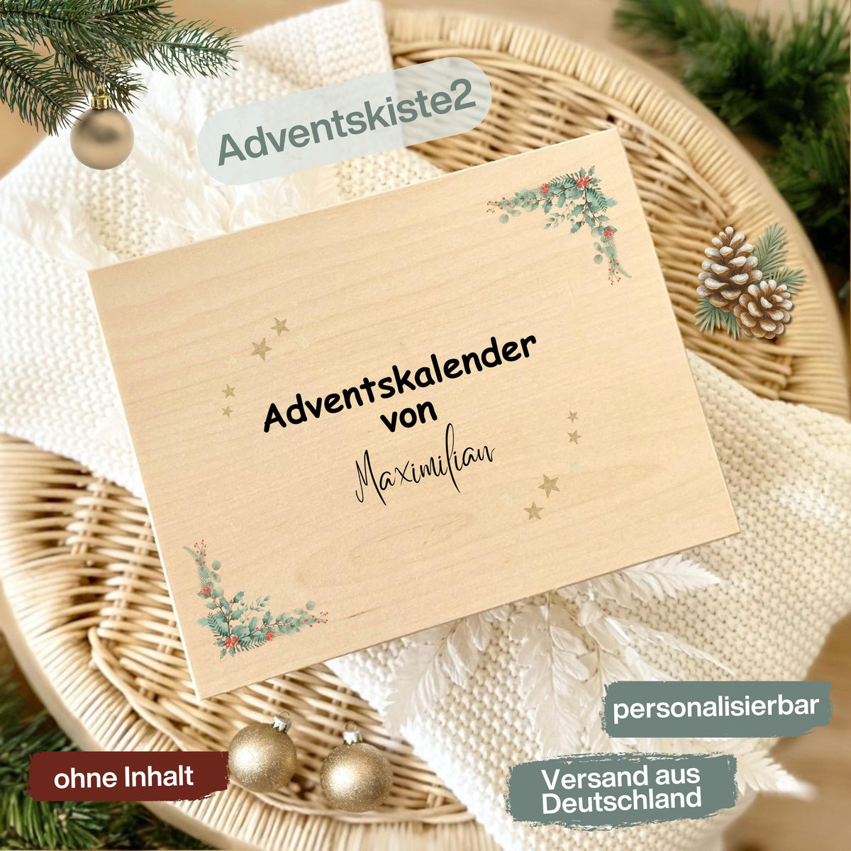 Adventskalender aus Holz personalisiert – kreative Holzkiste Weihnachten mit Namen, perfekt als DIY Adventskiste zum Selbstbefüllen. Diese hochwertige Adventsbox ohne Inhalt bietet Platz für kleine Geschenke, Schokolade oder liebevolle Überraschungen. Ideal für Familie, Kinder oder Paare als personalisiertes Weihnachtsgeschenk. Nachhaltig produziert, wiederverwendbar und stilvoll – ein Must-have für festliche Deko und persönliche Adventsfreude.