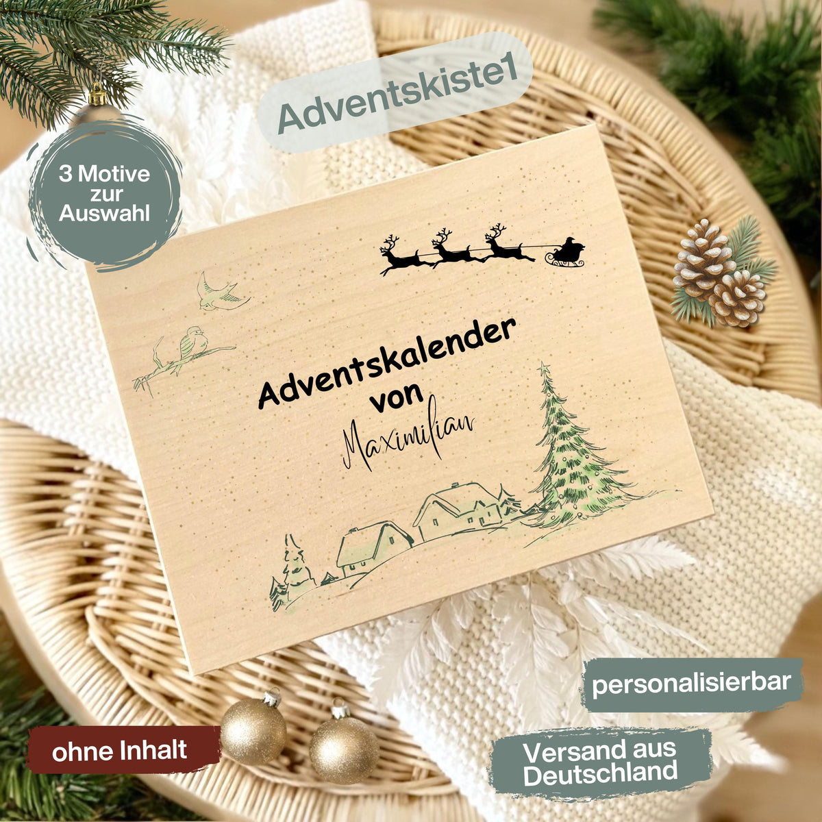 Adventskalender aus Holz personalisiert – kreative Holzkiste Weihnachten mit Namen, perfekt als DIY Adventskiste zum Selbstbefüllen. Diese hochwertige Adventsbox ohne Inhalt bietet Platz für kleine Geschenke, Schokolade oder liebevolle Überraschungen. Ideal für Familie, Kinder oder Paare als personalisiertes Weihnachtsgeschenk. Nachhaltig produziert, wiederverwendbar und stilvoll – ein Must-have für festliche Deko und persönliche Adventsfreude.