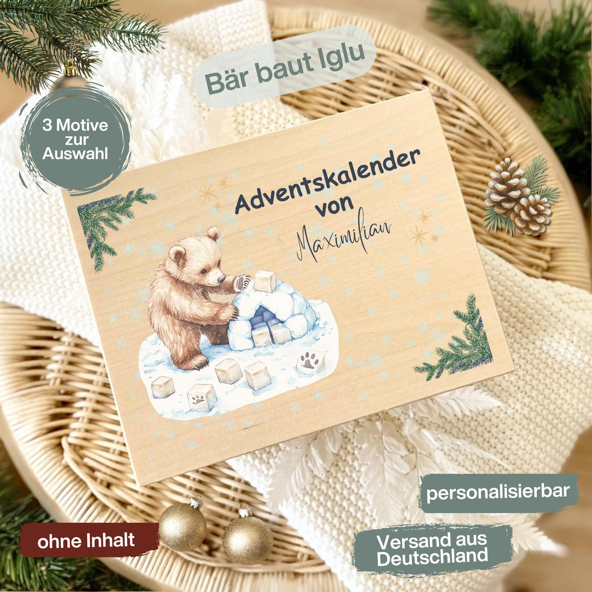 Adventskalender Holzbox personalisiert – liebevoll bedruckte Holzkiste Weihnachten mit Namen, ideal zum Selbstbefüllen. Diese DIY Adventskiste ohne Inhalt ist perfekt für Kinder, Familie oder Freunde als kreative Geschenkidee Weihnachten. Nachhaltig gefertigt, langlebig und vielseitig nutzbar – ob als Aufbewahrungsbox, Adventsdekoration oder personalisierte Geschenkverpackung für 24 kleine Überraschungen. Geschenkbox Adventskalender personalisiert Holzkiste mit Namen