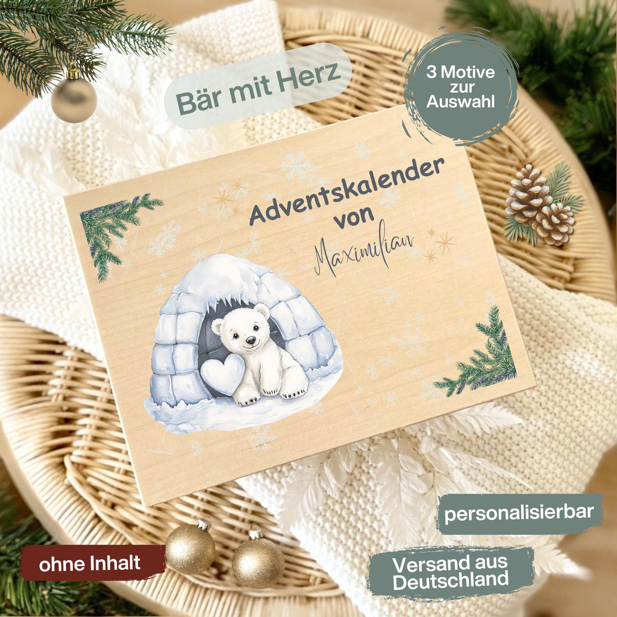Adventskalender Holzbox personalisiert – liebevoll bedruckte Holzkiste Weihnachten mit Namen, ideal zum Selbstbefüllen. Diese DIY Adventskiste ohne Inhalt ist perfekt für Kinder, Familie oder Freunde als kreative Geschenkidee Weihnachten. Nachhaltig gefertigt, langlebig und vielseitig nutzbar – ob als Aufbewahrungsbox, Adventsdekoration oder personalisierte Geschenkverpackung für 24 kleine Überraschungen. Geschenkbox Adventskalender personalisiert Holzkiste mit Namen