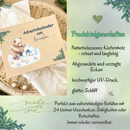 Adventskalender Holzbox personalisiert – liebevoll bedruckte Holzkiste Weihnachten mit Namen, ideal zum Selbstbefüllen. Diese DIY Adventskiste ohne Inhalt ist perfekt für Kinder, Familie oder Freunde als kreative Geschenkidee Weihnachten. Nachhaltig gefertigt, langlebig und vielseitig nutzbar – ob als Aufbewahrungsbox, Adventsdekoration oder personalisierte Geschenkverpackung für 24 kleine Überraschungen. Geschenkbox Adventskalender personalisiert Holzkiste mit Namen