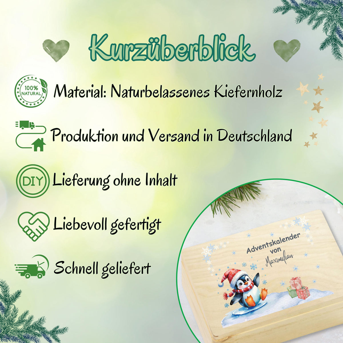 Personalisierte Adventskiste aus Holz mit Namen – hochwertige DIY Adventskalender-Holzkiste Weihnachten zum Selbstbefüllen. Diese nachhaltige Holzbox ohne Inhalt ist ideal für 24 kleine Geschenke, Süßigkeiten, Briefe oder Deko. Perfekt als kreative Geschenkidee Weihnachten für Kinder, Eltern oder Partner. Die Adventskiste Holz personalisiert verbindet Stil, Nachhaltigkeit und persönliche Note. Wiederverwendbar, langlebig und liebevoll ein einzigartiges Weihnachtsgeschenk mit Erinnerungswert.