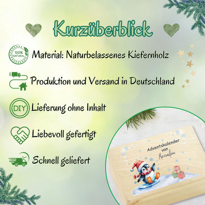 Personalisierte Adventskiste aus Holz mit Namen – hochwertige DIY Adventskalender-Holzkiste Weihnachten zum Selbstbefüllen. Diese nachhaltige Holzbox ohne Inhalt ist ideal für 24 kleine Geschenke, Süßigkeiten, Briefe oder Deko. Perfekt als kreative Geschenkidee Weihnachten für Kinder, Eltern oder Partner. Die Adventskiste Holz personalisiert verbindet Stil, Nachhaltigkeit und persönliche Note. Wiederverwendbar, langlebig und liebevoll ein einzigartiges Weihnachtsgeschenk mit Erinnerungswert.