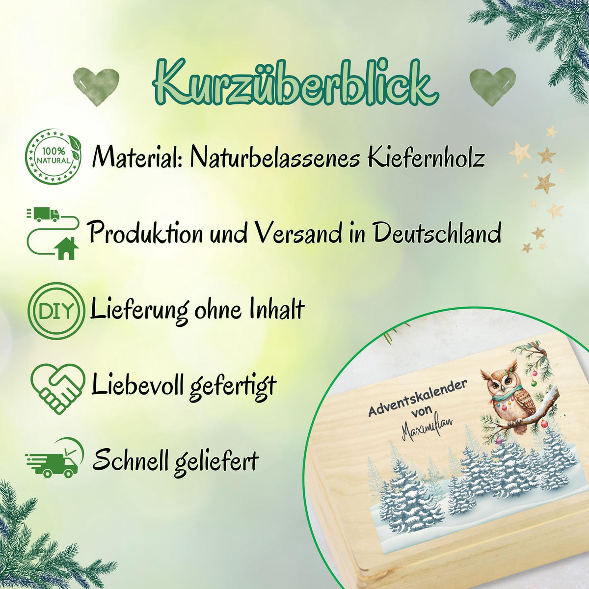Adventskalender Holz personalisiert mit Namen – liebevoll gestaltete Weihnachtskiste für Kinder, Eltern und Großeltern. Diese Holzkiste Weihnachten ohne Inhalt ist perfekt zum Selbstbefüllen mit Süßigkeiten, Spielsachen oder kleinen Überraschungen. Als DIY Adventskalender aus Holz sorgt sie für gemeinsame Familienmomente. Nachhaltig produziert, wiederverwendbar und personalisierbar – eine originelle Geschenkidee Weihnachten, die den Advent zu einem besonderen Erlebnis macht. Adventskiste
