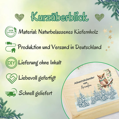 Adventskalender Holz personalisiert mit Namen – liebevoll gestaltete Weihnachtskiste für Kinder, Eltern und Großeltern. Diese Holzkiste Weihnachten ohne Inhalt ist perfekt zum Selbstbefüllen mit Süßigkeiten, Spielsachen oder kleinen Überraschungen. Als DIY Adventskalender aus Holz sorgt sie für gemeinsame Familienmomente. Nachhaltig produziert, wiederverwendbar und personalisierbar – eine originelle Geschenkidee Weihnachten, die den Advent zu einem besonderen Erlebnis macht. Adventskiste