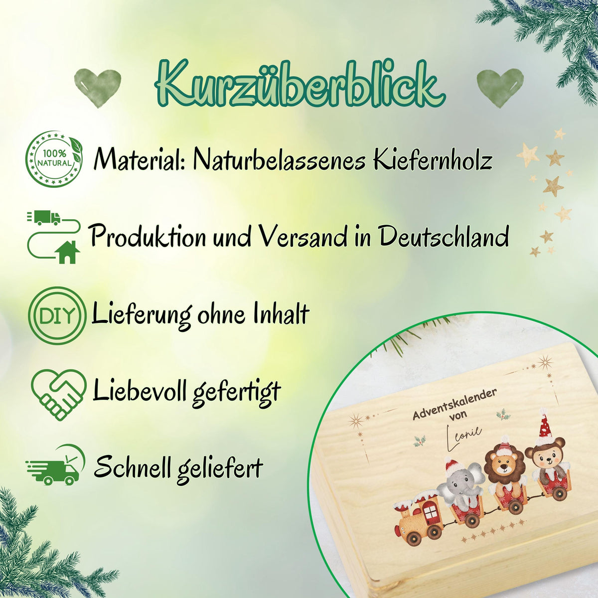 Nachhaltiger Adventskalender Holz personalisiert mit Namen – Adventskiste Weihnachten ohne Inhalt, ideal zum Selbstbefüllen. Diese wiederverwendbare Holzkiste ist robust, umweltfreundlich und ideal für kreative Familien, die ihren Advent individuell gestalten möchten. DIY-Adventskiste mit Gravur oder Druck – langlebig, hochwertig und stilvoll. Perfekt zum Befüllen mit Süßigkeiten, Briefen oder kleinen Geschenken. Personalisierte Adventskiste Holz für Familie, Kinder oder Paare
