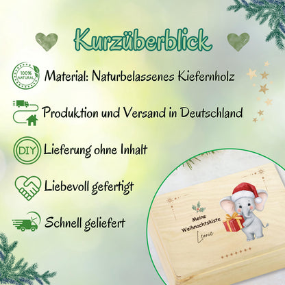 Personalisierte Weihnachtskiste aus Holz mit Namen – nachhaltige Geschenkbox Weihnachten für Kinder, Familie oder Partner. Ideal als Adventskiste, Weihnachtsüberraschung oder DIY-Adventskalender zum Befüllen. Diese Holzkiste Weihnachten ist hochwertig verarbeitet, individuell bedruckt und perfekt als Geschenkidee zu Weihnachten, für Nikolaus oder als dekorative Aufbewahrungsbox. Eine stilvolle Weihnachtsgeschenkverpackung mit persönlicher Note.