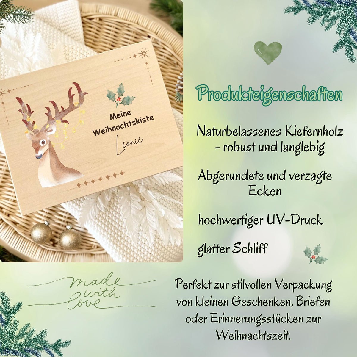 Holzkiste Weihnachten personalisiert – Geschenkbox mit Namen aus Holz für besondere Weihnachtsmomente. Diese Adventskiste eignet sich perfekt als Aufbewahrungsbox, Adventskalender zum Befüllen oder als Weihnachtsgeschenk für Familie, Kinder und Freunde. Nachhaltig, hochwertig und vielseitig – ideal als Geschenkverpackung, Erinnerungsbox oder DIY-Weihnachtsüberraschung. Ein Must-have für alle, die personalisierte Weihnachtsgeschenke lieben.