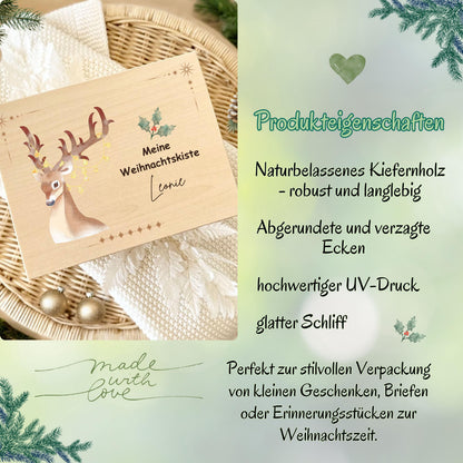 Holzkiste Weihnachten personalisiert – Geschenkbox mit Namen aus Holz für besondere Weihnachtsmomente. Diese Adventskiste eignet sich perfekt als Aufbewahrungsbox, Adventskalender zum Befüllen oder als Weihnachtsgeschenk für Familie, Kinder und Freunde. Nachhaltig, hochwertig und vielseitig – ideal als Geschenkverpackung, Erinnerungsbox oder DIY-Weihnachtsüberraschung. Ein Must-have für alle, die personalisierte Weihnachtsgeschenke lieben.