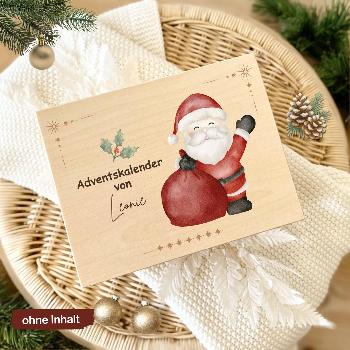 Wiederverwendbare Adventskiste Holz personalisiert mit Namen – nachhaltige Adventskalender-Kiste Weihnachten ohne Inhalt. Ideal für Familien, die eigene Rituale schaffen möchten. Diese Holzkiste kann jedes Jahr neu befüllt werden – mit Süßigkeiten, Briefen oder kleinen Überraschungen. DIY-Adventskalender Holz personalisiert, stabil und hochwertig verarbeitet. Eine stilvolle Adventskiste Holz, die Tradition, Nachhaltigkeit und Individualität vereint Adventskiste Adventskalender zum Selbstbefüllen