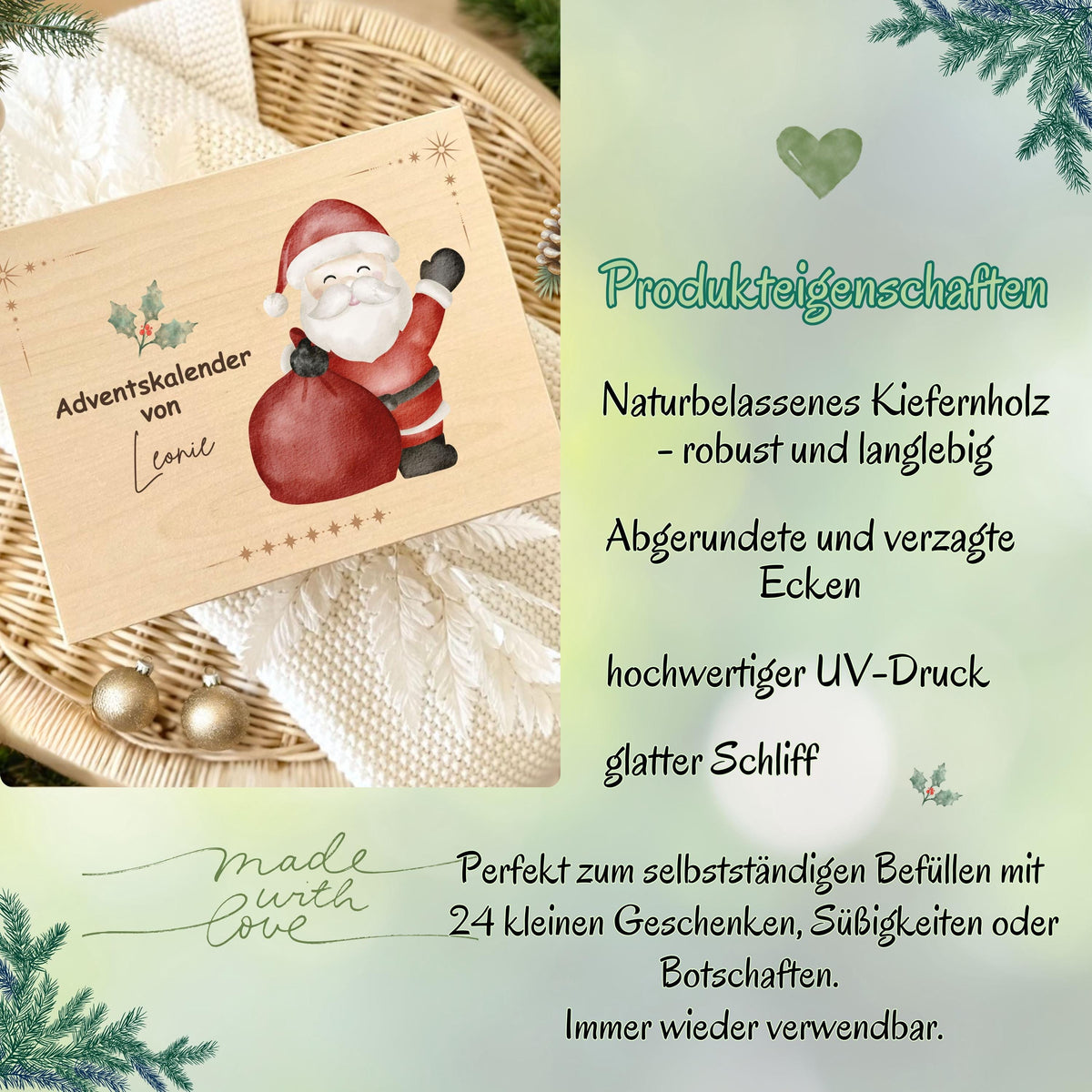 Wiederverwendbare Adventskiste Holz personalisiert mit Namen – nachhaltige Adventskalender-Kiste Weihnachten ohne Inhalt. Ideal für Familien, die eigene Rituale schaffen möchten. Diese Holzkiste kann jedes Jahr neu befüllt werden – mit Süßigkeiten, Briefen oder kleinen Überraschungen. DIY-Adventskalender Holz personalisiert, stabil und hochwertig verarbeitet. Eine stilvolle Adventskiste Holz, die Tradition, Nachhaltigkeit und Individualität vereint Adventskiste Adventskalender zum Selbstbefüllen