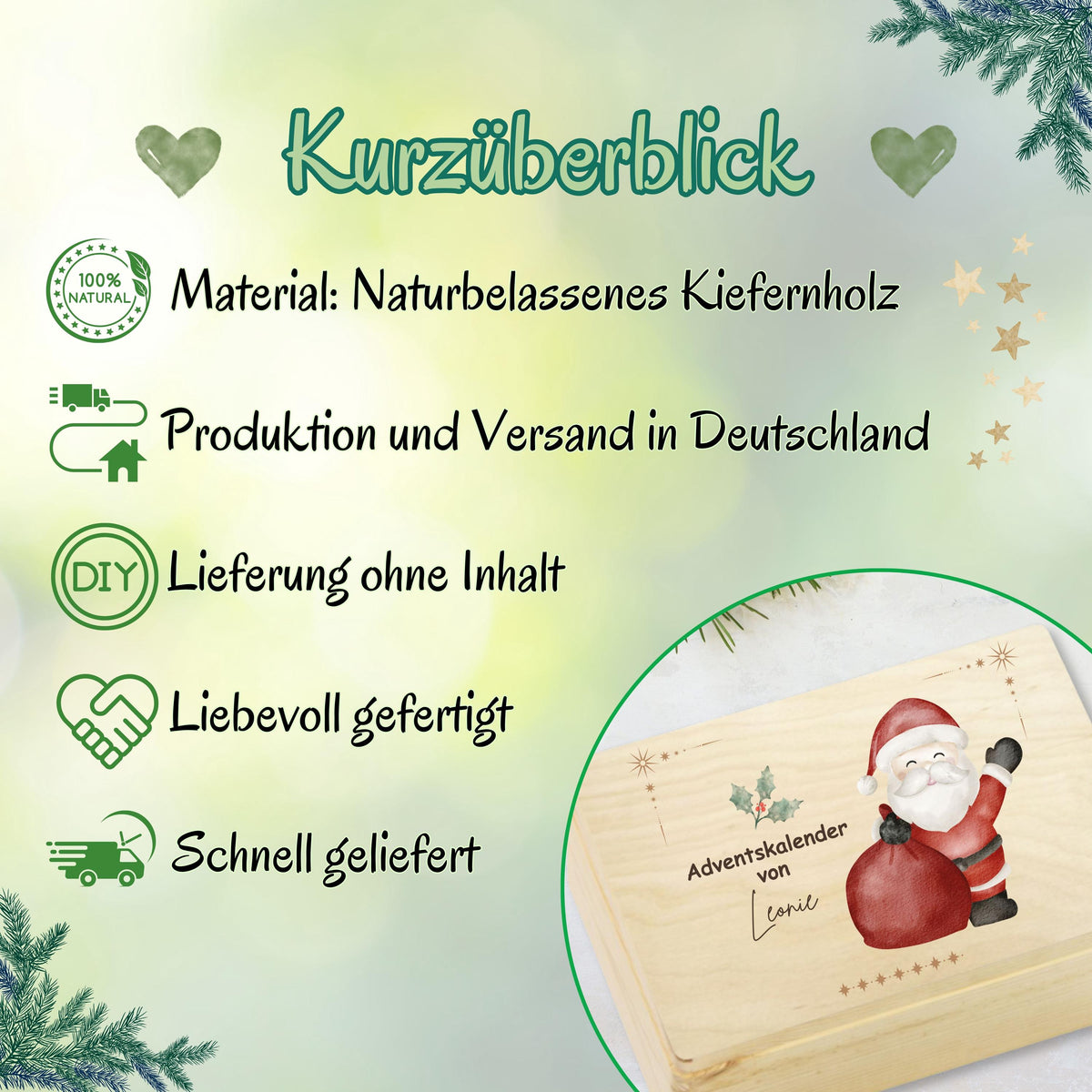 Wiederverwendbare Adventskiste Holz personalisiert mit Namen – nachhaltige Adventskalender-Kiste Weihnachten ohne Inhalt. Ideal für Familien, die eigene Rituale schaffen möchten. Diese Holzkiste kann jedes Jahr neu befüllt werden – mit Süßigkeiten, Briefen oder kleinen Überraschungen. DIY-Adventskalender Holz personalisiert, stabil und hochwertig verarbeitet. Eine stilvolle Adventskiste Holz, die Tradition, Nachhaltigkeit und Individualität vereint Adventskiste Adventskalender zum Selbstbefüllen