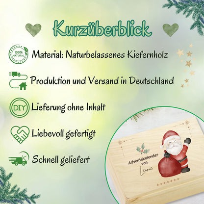 Wiederverwendbare Adventskiste Holz personalisiert mit Namen – nachhaltige Adventskalender-Kiste Weihnachten ohne Inhalt. Ideal für Familien, die eigene Rituale schaffen möchten. Diese Holzkiste kann jedes Jahr neu befüllt werden – mit Süßigkeiten, Briefen oder kleinen Überraschungen. DIY-Adventskalender Holz personalisiert, stabil und hochwertig verarbeitet. Eine stilvolle Adventskiste Holz, die Tradition, Nachhaltigkeit und Individualität vereint Adventskiste Adventskalender zum Selbstbefüllen