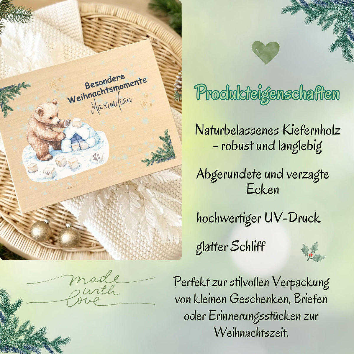 Geschenkbox Weihnachten aus Holz personalisiert mit Namen – liebevolle Weihnachtskiste für Kinder, Eltern oder Großeltern. Ideal als Adventskiste Holz oder DIY-Adventskalender zum Befüllen. Diese hochwertige Holzkiste Weihnachten ist perfekt als nachhaltige Geschenkverpackung, Weihnachtsüberraschung oder Deko-Element im Wohnzimmer. Eine individuelle Geschenkidee für alle, die Weihnachten kreativ und persönlich gestalten möchten. Besondere Weihnachtsmomente für dein Kind personalisiert