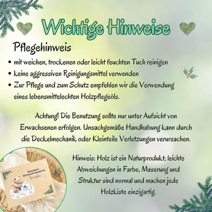 Geschenkbox Weihnachten aus Holz personalisiert mit Namen – liebevolle Weihnachtskiste für Kinder, Eltern oder Großeltern. Ideal als Adventskiste Holz oder DIY-Adventskalender zum Befüllen. Diese hochwertige Holzkiste Weihnachten ist perfekt als nachhaltige Geschenkverpackung, Weihnachtsüberraschung oder Deko-Element im Wohnzimmer. Eine individuelle Geschenkidee für alle, die Weihnachten kreativ und persönlich gestalten möchten. Besondere Weihnachtsmomente für dein Kind personalisiert