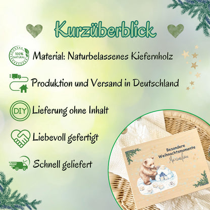 Geschenkbox Weihnachten aus Holz personalisiert mit Namen – liebevolle Weihnachtskiste für Kinder, Eltern oder Großeltern. Ideal als Adventskiste Holz oder DIY-Adventskalender zum Befüllen. Diese hochwertige Holzkiste Weihnachten ist perfekt als nachhaltige Geschenkverpackung, Weihnachtsüberraschung oder Deko-Element im Wohnzimmer. Eine individuelle Geschenkidee für alle, die Weihnachten kreativ und persönlich gestalten möchten. Besondere Weihnachtsmomente für dein Kind personalisiert