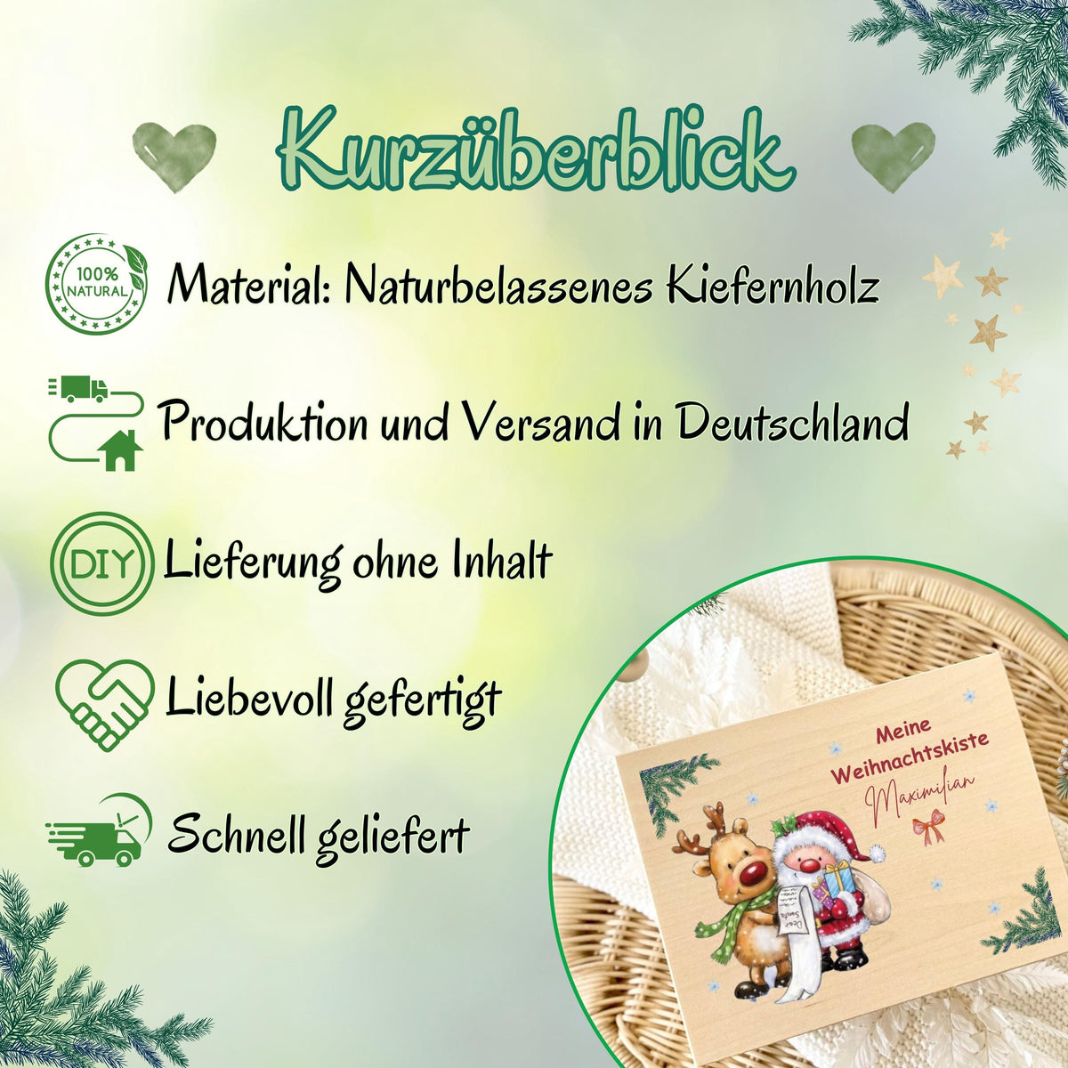 Personalisierte Adventskiste aus Holz mit Namen – hochwertige Weihnachtsbox als nachhaltige Geschenkverpackung, Aufbewahrungsbox oder DIY-Adventskalender zum Befüllen. Die Holzkiste Weihnachten bietet Platz für kleine Geschenke, Schokolade, Briefe oder Fotos und ist eine liebevolle Geschenkidee für Kinder, Familie oder Freunde. Hochwertig verarbeitet, wiederverwendbar und stilvoll – ein zeitloses, persönliches Weihnachtsgeschenk mit Erinnerungswert und festlichem Design.