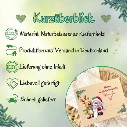 Personalisierte Adventskiste aus Holz mit Namen – hochwertige Weihnachtsbox als nachhaltige Geschenkverpackung, Aufbewahrungsbox oder DIY-Adventskalender zum Befüllen. Die Holzkiste Weihnachten bietet Platz für kleine Geschenke, Schokolade, Briefe oder Fotos und ist eine liebevolle Geschenkidee für Kinder, Familie oder Freunde. Hochwertig verarbeitet, wiederverwendbar und stilvoll – ein zeitloses, persönliches Weihnachtsgeschenk mit Erinnerungswert und festlichem Design.