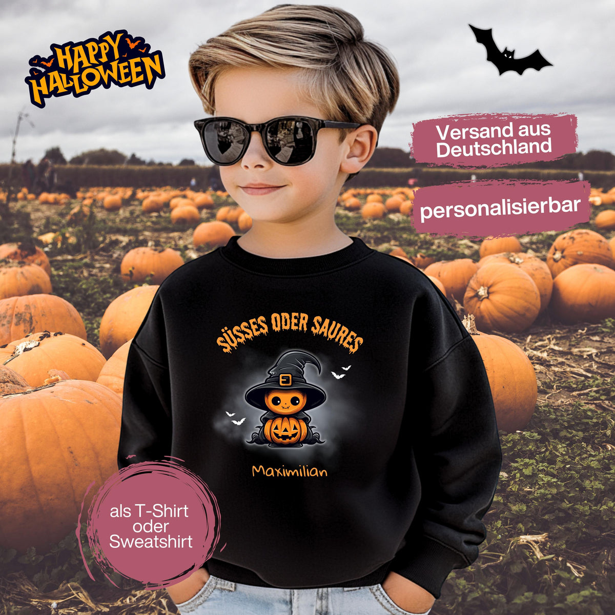 Halloween T-Shirt oder Sweatshirt für Kinder – ideal für „Süßes oder Saures“! Dein Kind ist perfekt gekleidet für Halloween mit diesem bequemen Shirt oder Pullover in Schwarz oder Weiß. Niedliches Design für Jungen & Mädchen, ideal für Halloween Partys, Kindergarten & das erste Halloween. Beliebt als „mein erstes Halloween“ Outfit oder Halloween Kleidung für Kinder. Auch als langarm Shirt für kühlere Tage geeignet. Ein Must-have für kleine Gruselfans! 🎃