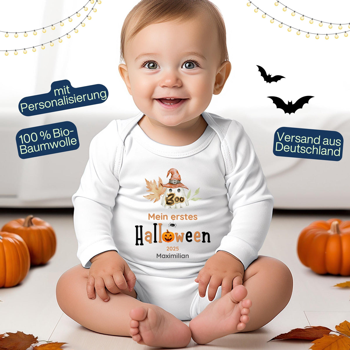 Mein erstes Halloween Babybody aus 100 % Bio-Baumwolle, erhältlich in Schwarz und Weiß, nachhaltig und hautfreundlich. Halloween Outfit für Babys bis 18 Monate, ideal als Baby Strampler für Jungen und Mädchen, perfekt für Babyfotos, Familienfotos und die erste Halloween Party. Bio Baby Body mit süßem Geist und Kürbis Motiv, weiche Baby Kleidung für Herbst und Halloween 2025, originelle Geschenkidee für Babys erstes Halloween, auch als Geschenk zur Geburt oder Babyparty geeignet.