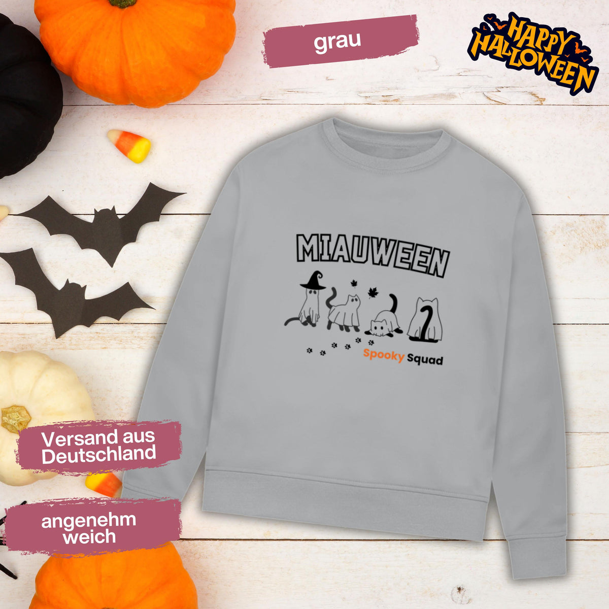 Hochwertiges Halloween Outfit für Damen und Herren – gemütlicher Halloween Pullover und Halloween Sweatshirt, ideal als Halloween Outfit Damen, Halloween Outfit Herren oder Halloween Outfit Frauen. Angesagte Halloween Sweaters und Halloween Pullis für Herbst und Party. Sweatshirts Halloween in verschiedenen Farben, auch als Kürbis Pullover Damen erhältlich. Bequemes Halloween Sweatshirt Damen und Herren – perfektes Halloween Outfit Männer. Katzenpullover Miauween Halloween Katzen Katzenliebhaber