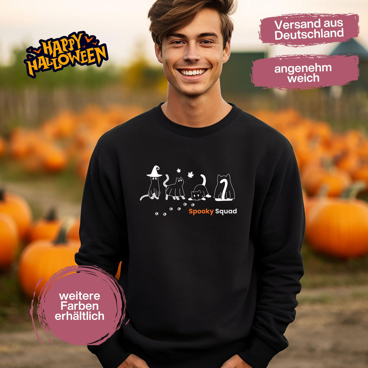 Hochwertiges Halloween Outfit für Damen und Herren – gemütlicher Halloween Pullover und Halloween Sweatshirt, ideal als Halloween Outfit Damen, Halloween Outfit Herren oder Halloween Outfit Frauen. Angesagte Halloween Sweaters und Halloween Pullis für Herbst und Party. Sweatshirts Halloween in verschiedenen Farben, auch als Kürbis Pullover Damen erhältlich. Bequemes Halloween Sweatshirt Damen und Herren – perfektes Halloween Outfit Männer. Halloween Katzen Pullover Spooky Squad Katzenliebhaber