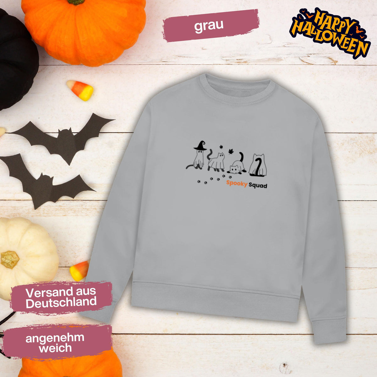 Hochwertiges Halloween Outfit für Damen und Herren – gemütlicher Halloween Pullover und Halloween Sweatshirt, ideal als Halloween Outfit Damen, Halloween Outfit Herren oder Halloween Outfit Frauen. Angesagte Halloween Sweaters und Halloween Pullis für Herbst und Party. Sweatshirts Halloween in verschiedenen Farben, auch als Kürbis Pullover Damen erhältlich. Bequemes Halloween Sweatshirt Damen und Herren – perfektes Halloween Outfit Männer. Halloween Katzen Pullover Spooky Squad Katzenliebhaber