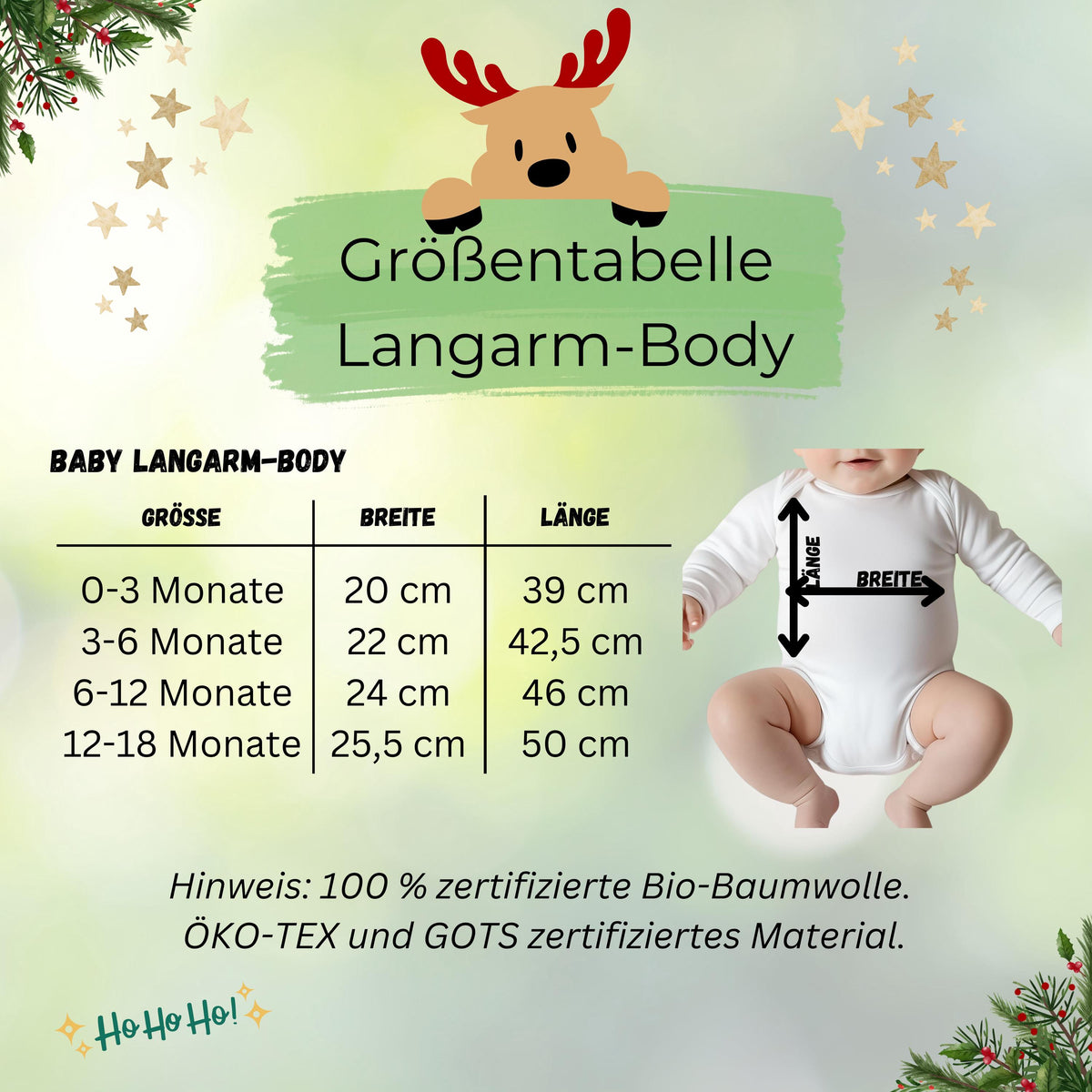 Liebevoll gestalteter Babybody Langarm für Babys erstes Weihnachtsfest. Hergestellt aus weicher, hautfreundlicher Baumwolle und individuell mit dem Namen personalisiert. Ideal für Weihnachtsfotos, Familienfeiern oder als besonderes Geschenk für Eltern und Großeltern. Dieser Body Weihnachten Baby kombiniert Komfort, Qualität und Erinnerungswert – ein Highlight unter dem Weihnachtsbaum.