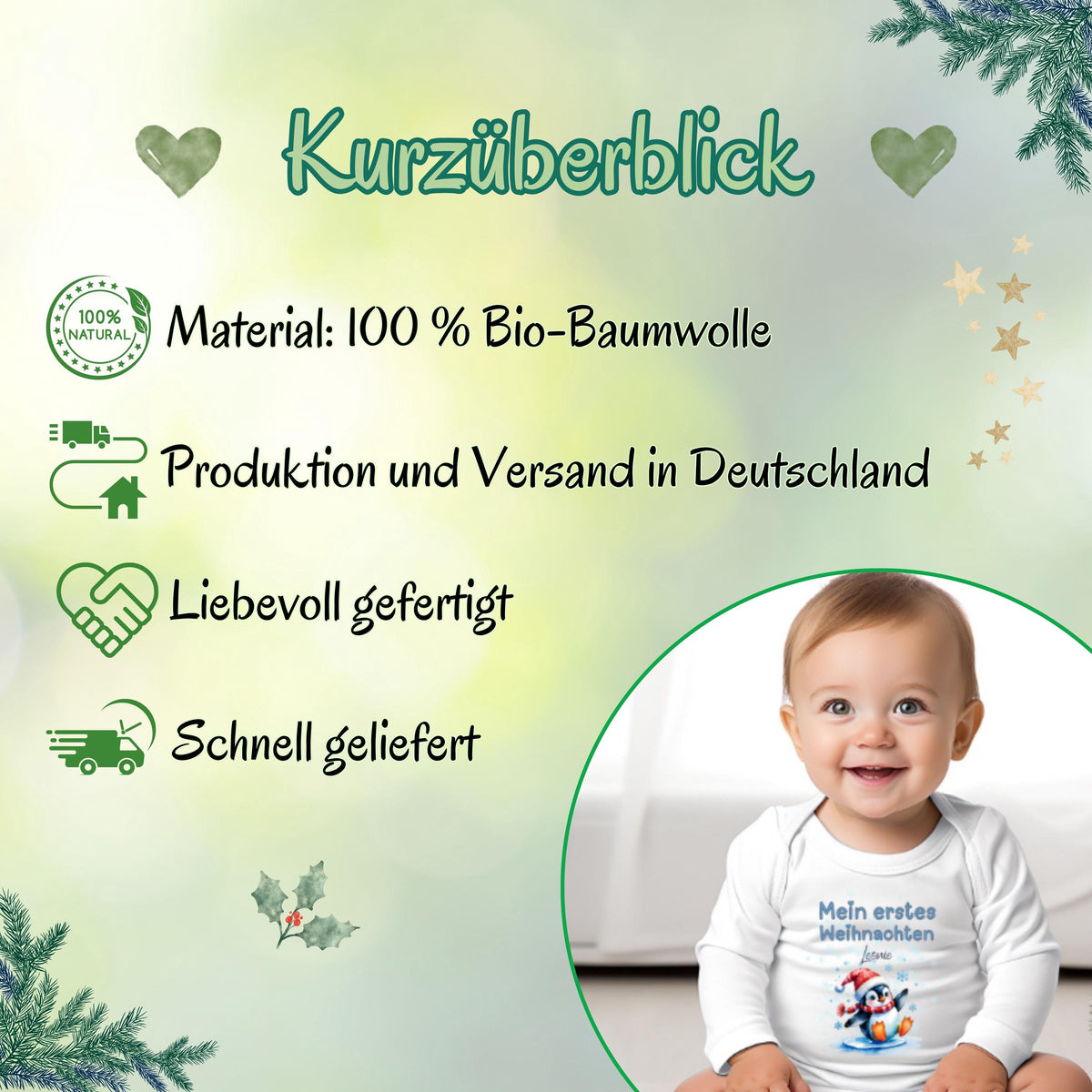 Liebevoll gestalteter Babybody Langarm für Babys erstes Weihnachtsfest. Hergestellt aus weicher, hautfreundlicher Baumwolle und individuell mit dem Namen personalisiert. Ideal für Weihnachtsfotos, Familienfeiern oder als besonderes Geschenk für Eltern und Großeltern. Dieser Body Weihnachten Baby kombiniert Komfort, Qualität und Erinnerungswert – ein Highlight unter dem Weihnachtsbaum.