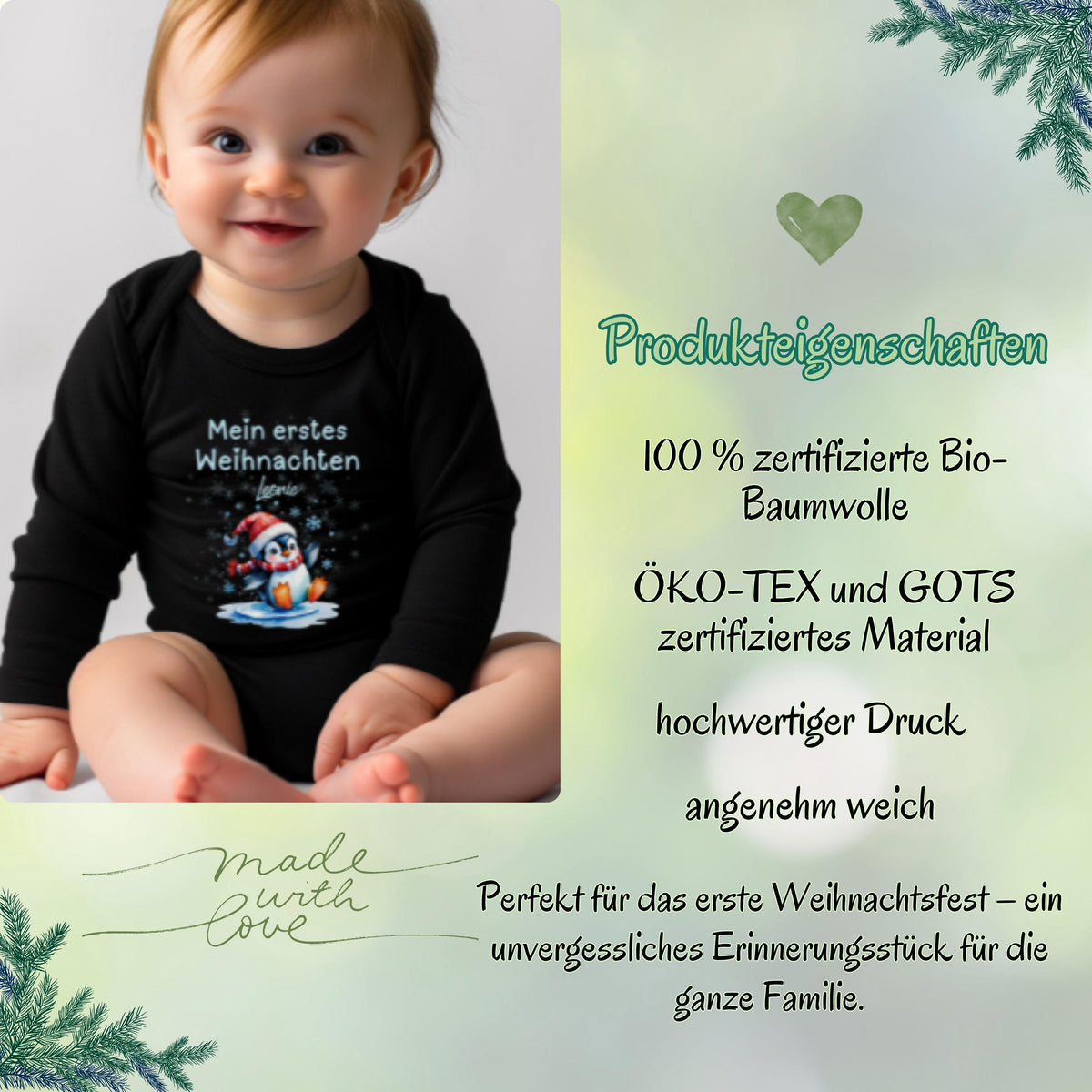Liebevoll gestalteter Babybody Langarm für Babys erstes Weihnachtsfest. Hergestellt aus weicher, hautfreundlicher Baumwolle und individuell mit dem Namen personalisiert. Ideal für Weihnachtsfotos, Familienfeiern oder als besonderes Geschenk für Eltern und Großeltern. Dieser Body Weihnachten Baby kombiniert Komfort, Qualität und Erinnerungswert – ein Highlight unter dem Weihnachtsbaum.