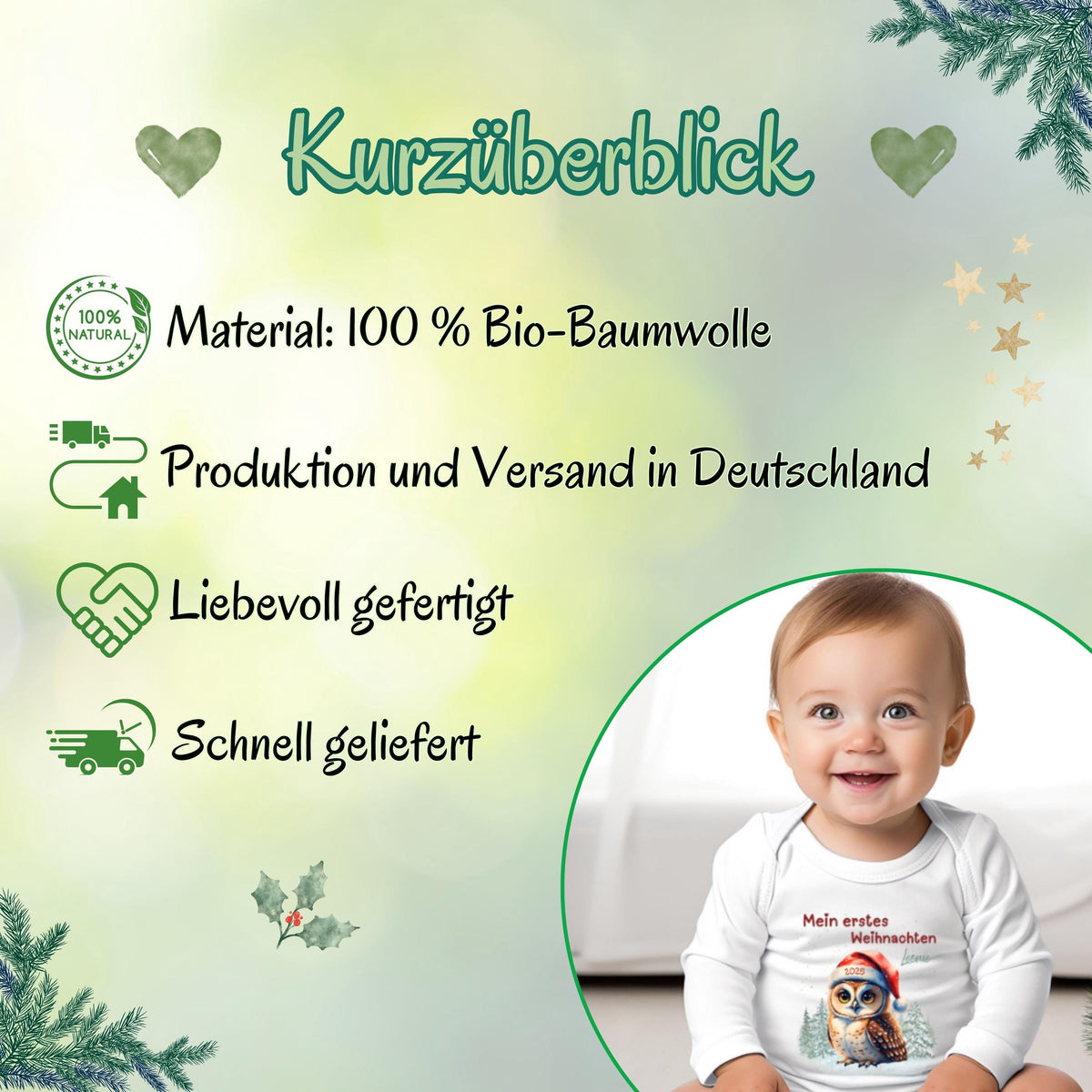 Personalisierter Langarm-Babybody mit dem Schriftzug „Mein erstes Weihnachten“. Der Body ist aus weicher, atmungsaktiver Baumwolle gefertigt und bietet höchsten Tragekomfort für Babys empfindliche Haut. Durch den hochwertigen Druck mit individuellem Namen wird jedes Stück zu einem Unikat. Ideal als Weihnachtsgeschenk für Eltern oder Großeltern, als Outfit für Fotoshootings oder als festliche Erinnerung an das erste gemeinsame Weihnachten.